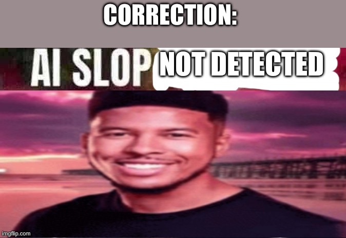 ai slop not detected | CORRECTION: | image tagged in ai slop not detected | made w/ Imgflip meme maker