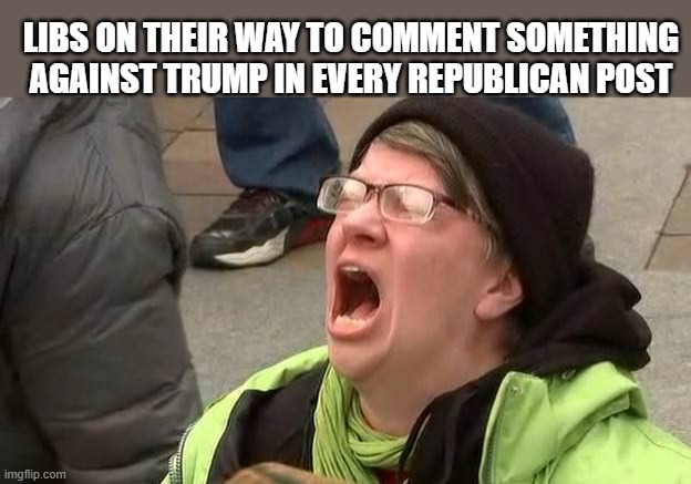 Gets Really Old After the 100th Time | LIBS ON THEIR WAY TO COMMENT SOMETHING AGAINST TRUMP IN EVERY REPUBLICAN POST | image tagged in screaming trump protester at inauguration | made w/ Imgflip meme maker