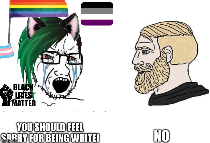 I’ll never be ashamed of the skin The Lord gave me | NO; YOU SHOULD FEEL SORRY FOR BEING WHITE! | image tagged in soyboy vs yes chad,woke,liberals | made w/ Imgflip meme maker