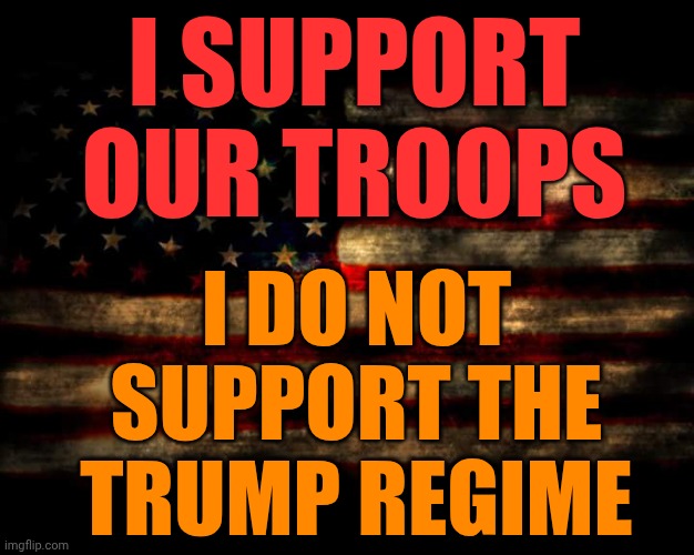 I Support Our Troops.  I Do NOT Support Trump's Illegal And Unconstitutional "War" | I SUPPORT OUR TROOPS; I DO NOT SUPPORT THE TRUMP REGIME | image tagged in usa flag,memes,impeach trump,lock him up,trump for prison 2026,maga terrorists | made w/ Imgflip meme maker