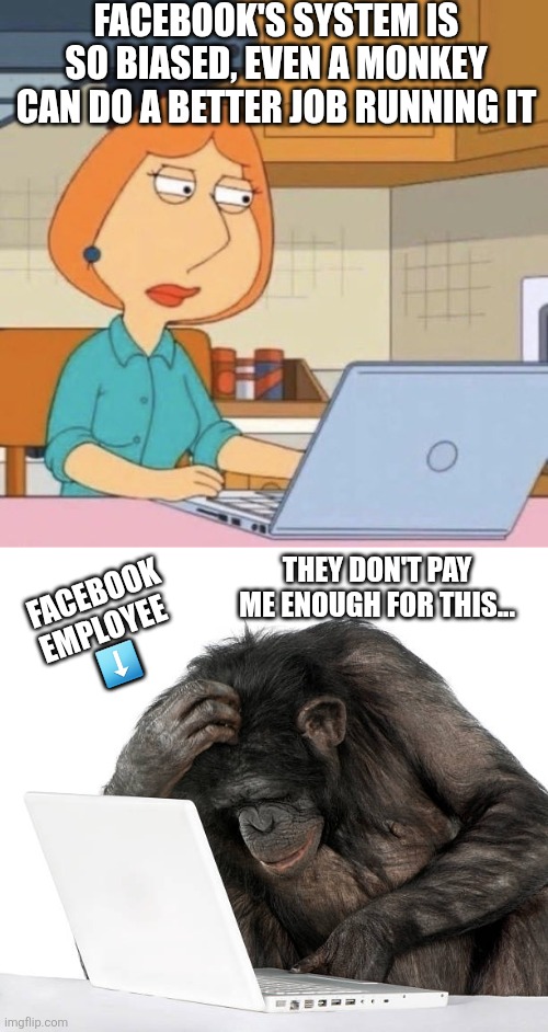 FACEBOOK'S SYSTEM IS SO BIASED, EVEN A MONKEY CAN DO A BETTER JOB RUNNING IT; FACEBOOK EMPLOYEE 
⬇️; THEY DON'T PAY ME ENOUGH FOR THIS... | image tagged in lois griffin | made w/ Imgflip meme maker