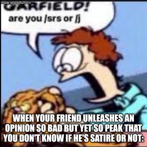 TRUEMEMERVHAMP ARE YOU /SRS OR /J | WHEN YOUR FRIEND UNLEASHES AN OPINION SO BAD BUT YET SO PEAK THAT YOU DON'T KNOW IF HE'S SATIRE OR NOT: | image tagged in garfield are you /srs or /j,garfield,funny,memes,funni | made w/ Imgflip meme maker