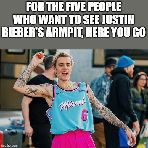 Justin Bieber's Armpit | FOR THE FIVE PEOPLE WHO WANT TO SEE JUSTIN BIEBER'S ARMPIT, HERE YOU GO | image tagged in justin bieber,armpit,tank top,pink,funny,memes | made w/ Imgflip meme maker