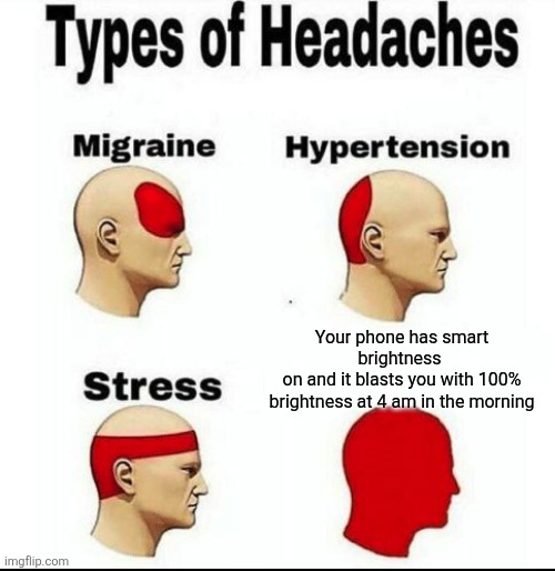 Types of Headaches meme | Your phone has smart brightness 
on and it blasts you with 100% brightness at 4 am in the morning | image tagged in types of headaches meme | made w/ Imgflip meme maker