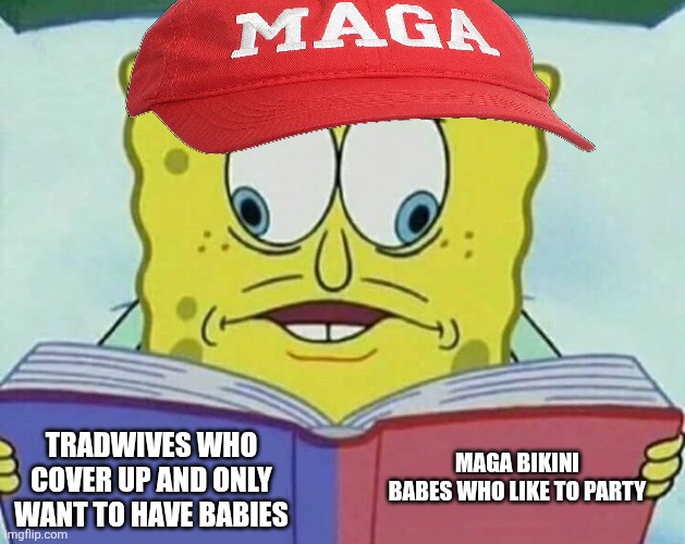 MAGA bros probably aren't as traditional as they like to think they are | MAGA BIKINI BABES WHO LIKE TO PARTY; TRADWIVES WHO COVER UP AND ONLY WANT TO HAVE BABIES | image tagged in cross eyed spongebob,maga,conservatives,conservative hypocrisy | made w/ Imgflip meme maker