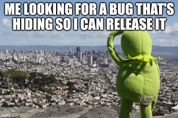 Kermit Searching | ME LOOKING FOR A BUG THAT'S HIDING SO I CAN RELEASE IT | image tagged in kermit searching | made w/ Imgflip meme maker