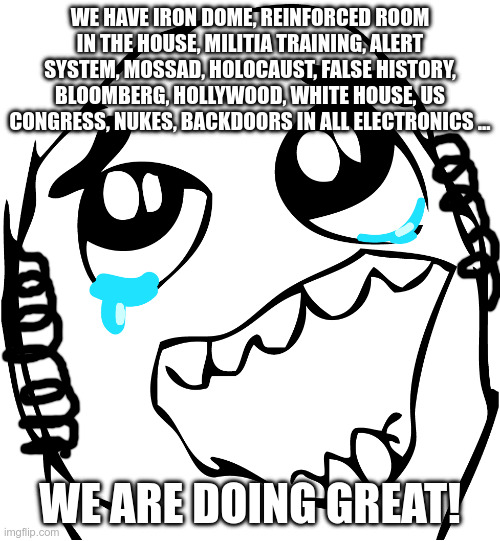 Derp face | WE HAVE IRON DOME, REINFORCED ROOM IN THE HOUSE, MILITIA TRAINING, ALERT SYSTEM, MOSSAD, HOLOCAUST, FALSE HISTORY, BLOOMBERG, HOLLYWOOD, WHITE HOUSE, US CONGRESS, NUKES, BACKDOORS IN ALL ELECTRONICS ... WE ARE DOING GREAT! | image tagged in derp face | made w/ Imgflip meme maker