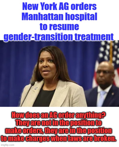 New York AG orders Manhattan hospital to resume gender-transition treatment; How does an AG order anything? They are not in the position to make orders, they are in the position to make charges when laws are broken. | made w/ Imgflip meme maker