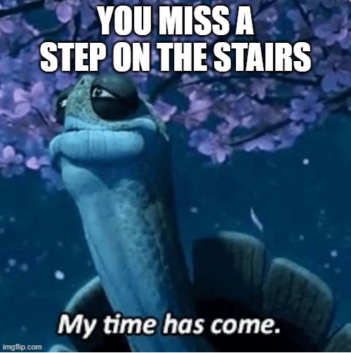 my time has come | YOU MISS A STEP ON THE STAIRS | image tagged in my time has come | made w/ Imgflip meme maker