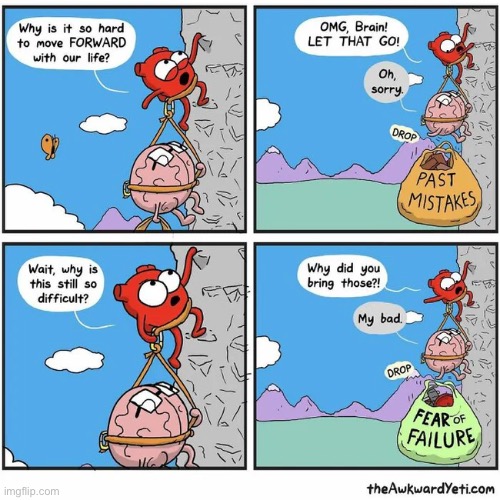 Baggage | image tagged in comics,the awkward yeti,heart and brain,climbing,baggage,heavy | made w/ Imgflip meme maker