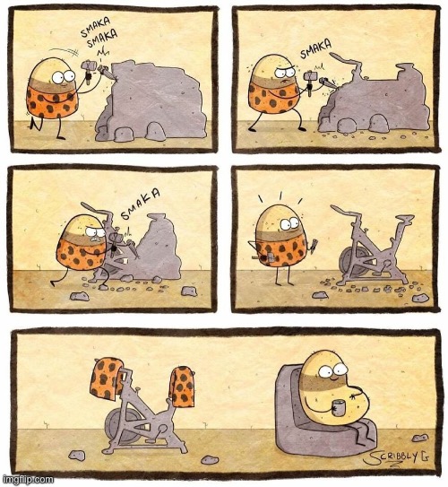 The first clothes rack | image tagged in comics,scribbly g,caveman,rock,stationary bike,clothes rack | made w/ Imgflip meme maker