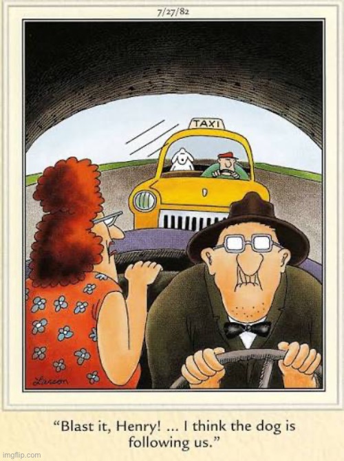 They forgot to feed him… | image tagged in the far side,comics,man,woman,dog,taxi | made w/ Imgflip meme maker