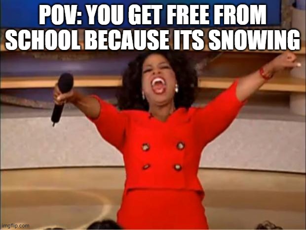 Oprah You Get A Meme | POV: YOU GET FREE FROM SCHOOL BECAUSE ITS SNOWING | image tagged in memes,oprah you get a | made w/ Imgflip meme maker