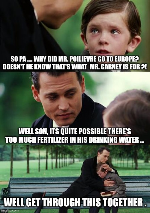 Canadian politics | SO PA .... WHY DID MR. POILIEVRE GO TO EUROPE? DOESN'T HE KNOW THAT'S WHAT  MR. CARNEY IS FOR ?! WELL SON, ITS QUITE POSSIBLE THERE'S TOO MUCH FERTILIZER IN HIS DRINKING WATER ... WELL GET THROUGH THIS TOGETHER . | image tagged in political meme | made w/ Imgflip meme maker