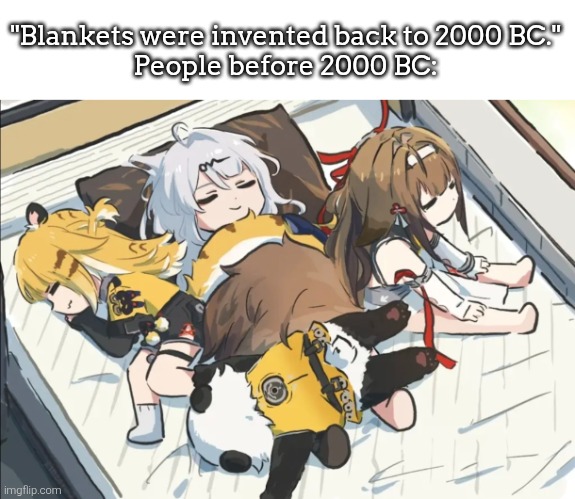 I wonder how the people in the past before the Blankets truly slept without blankets. | "Blankets were invented back to 2000 BC."
People before 2000 BC: | image tagged in blanket,invented | made w/ Imgflip meme maker