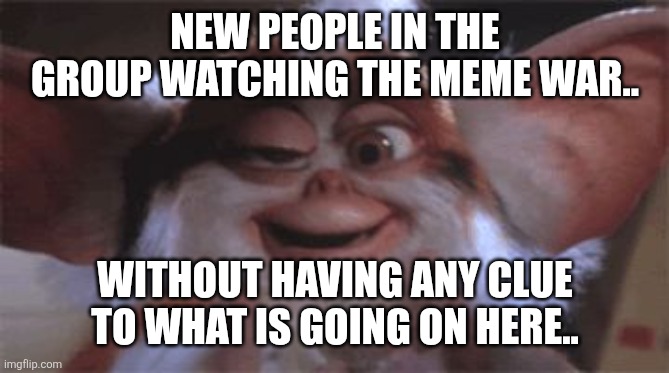 drunk gremlin | NEW PEOPLE IN THE GROUP WATCHING THE MEME WAR.. WITHOUT HAVING ANY CLUE TO WHAT IS GOING ON HERE.. | image tagged in drunk gremlin | made w/ Imgflip meme maker