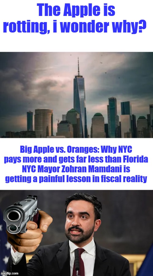 Rotten to the core NY politicians be | The Apple is rotting, i wonder why? Big Apple vs. Oranges: Why NYC pays more and gets far less than Florida
NYC Mayor Zohran Mamdani is getting a painful lesson in fiscal reality | made w/ Imgflip meme maker