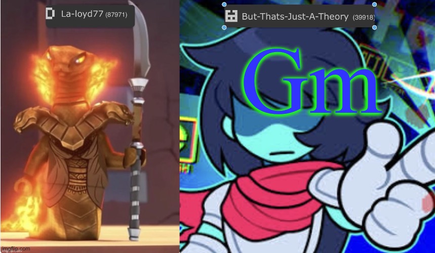 Muffinhead and La-loyd announcement template | Gm | image tagged in muffinhead and la-loyd announcement template | made w/ Imgflip meme maker