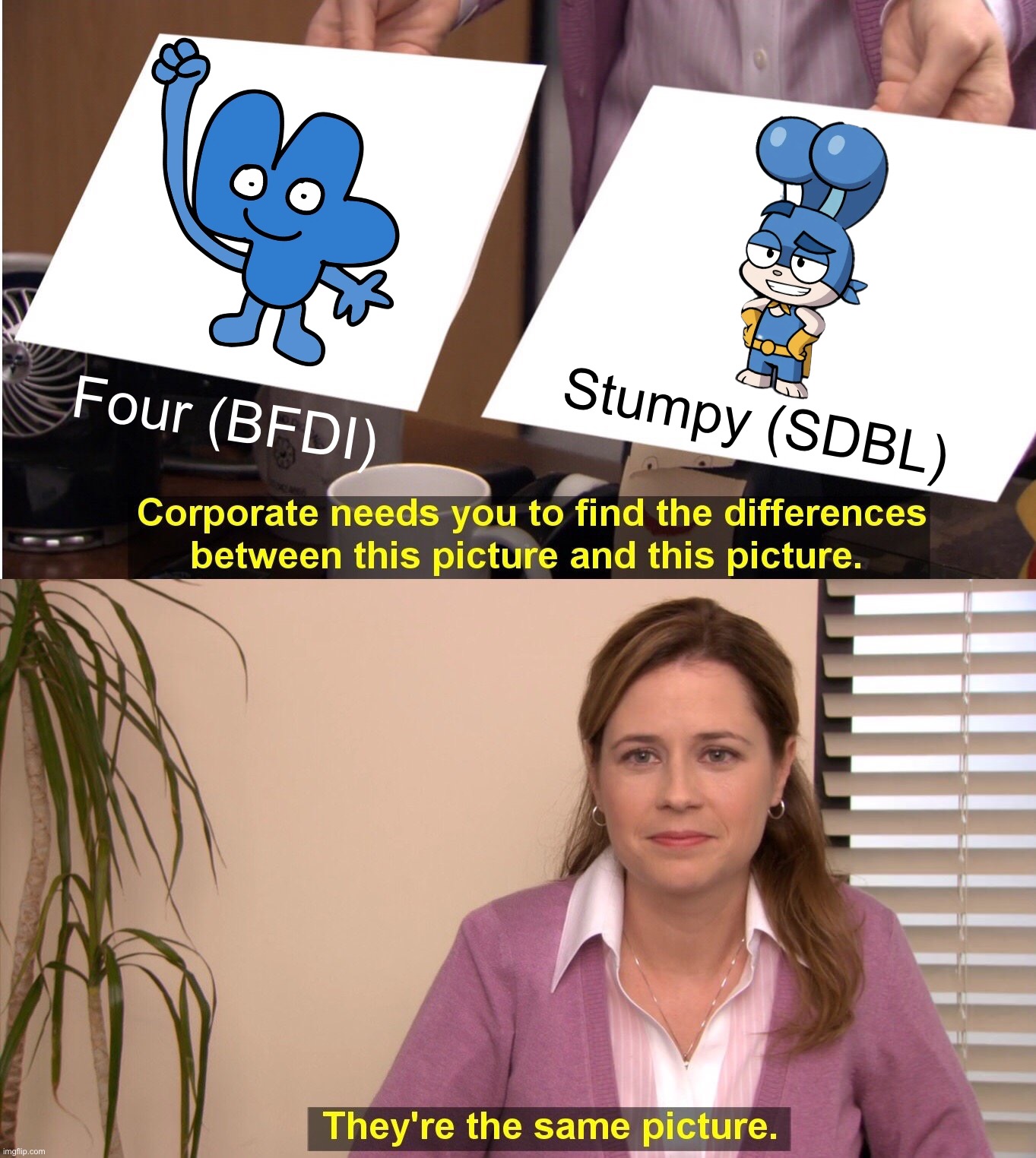 They are Look Alike Picture | Four (BFDI); Stumpy (SDBL) | image tagged in memes,they're the same picture,bunny,animation,bfdi | made w/ Imgflip meme maker
