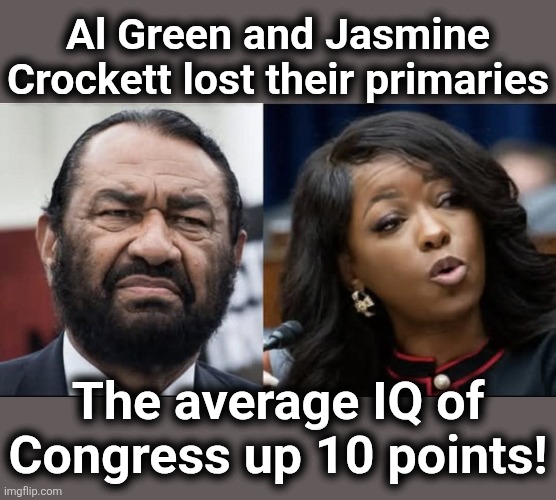 Buh-bye | Al Green and Jasmine Crockett lost their primaries; The average IQ of
Congress up 10 points! | image tagged in memes,al green,jasmine crockett,democrats,congress,losers | made w/ Imgflip meme maker