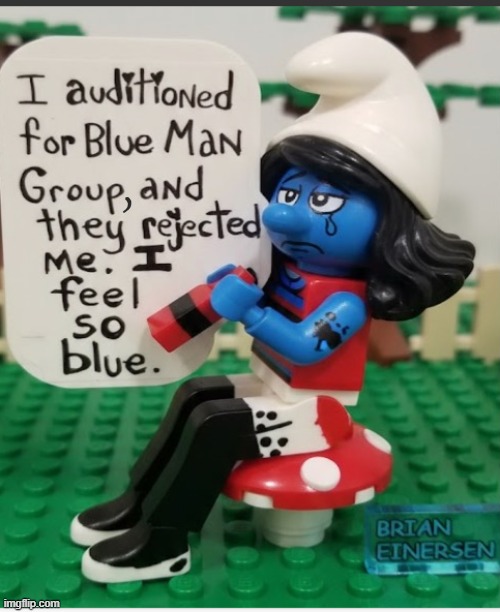 Smurfette Blues 2026 | , | image tagged in fashion kartoon,smurfette,blue man group,ai art,lego art,brian einersen | made w/ Imgflip meme maker