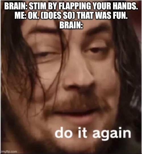 Do it again | BRAIN: STIM BY FLAPPING YOUR HANDS.
ME: OK. (DOES SO) THAT WAS FUN.
BRAIN: | image tagged in do it again | made w/ Imgflip meme maker
