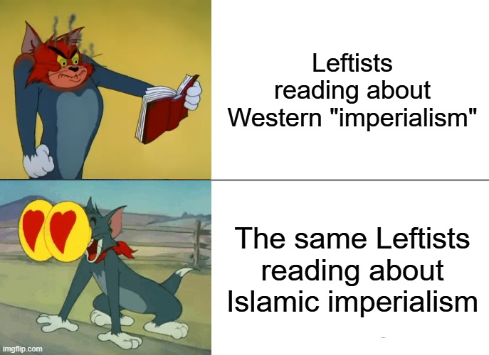 the worst animal to be is a hippo-crit | Leftists reading about Western "imperialism"; The same Leftists reading about Islamic imperialism | image tagged in memes,tom and jerry,political meme,leftist hypocrisy,history memes,islamic imperialism | made w/ Imgflip meme maker