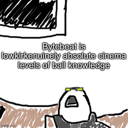 The Aggressive Combatant | Bytebeat is lowkirkenuinely absolute cinema levels of ball knowledge | image tagged in the aggressive combatant | made w/ Imgflip meme maker