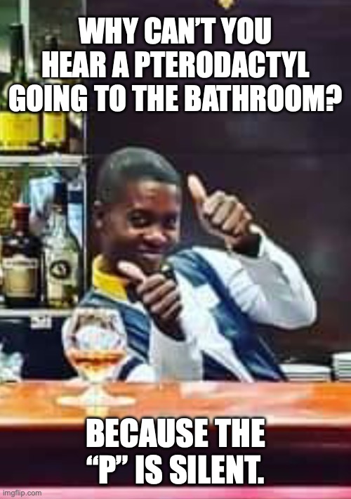 Bartender Dad Jokes | WHY CAN’T YOU HEAR A PTERODACTYL GOING TO THE BATHROOM? BECAUSE THE “P” IS SILENT. | image tagged in maliciously compliant bartender,bartender,dad joke,dad jokes,tipping | made w/ Imgflip meme maker