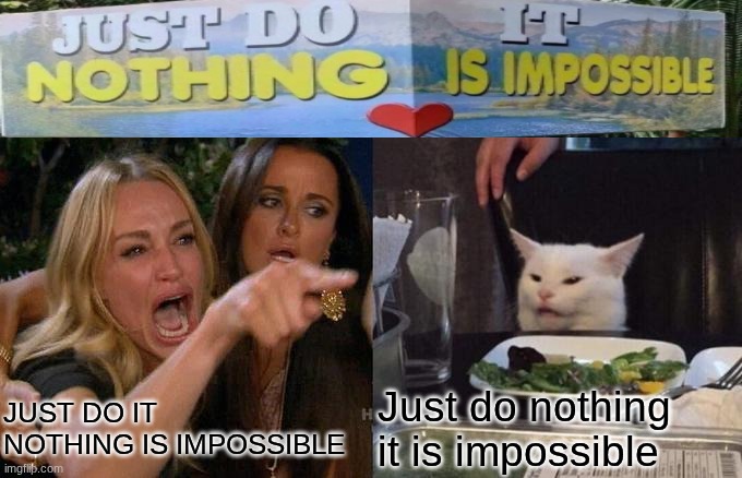 Woman Yelling At Cat | JUST DO IT NOTHING IS IMPOSSIBLE; Just do nothing it is impossible | image tagged in memes,woman yelling at cat | made w/ Imgflip meme maker