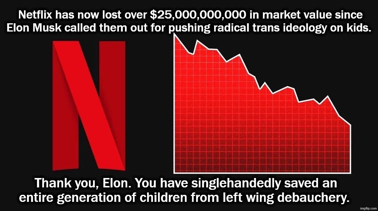 Netflix has now lost over $25,000,000,000 in market value since Elon Musk called them out. | image tagged in scumbag netflix,douchebag,crush the commies,tired of hearing about transgenders,corporate greed,elon musk laughing | made w/ Imgflip meme maker