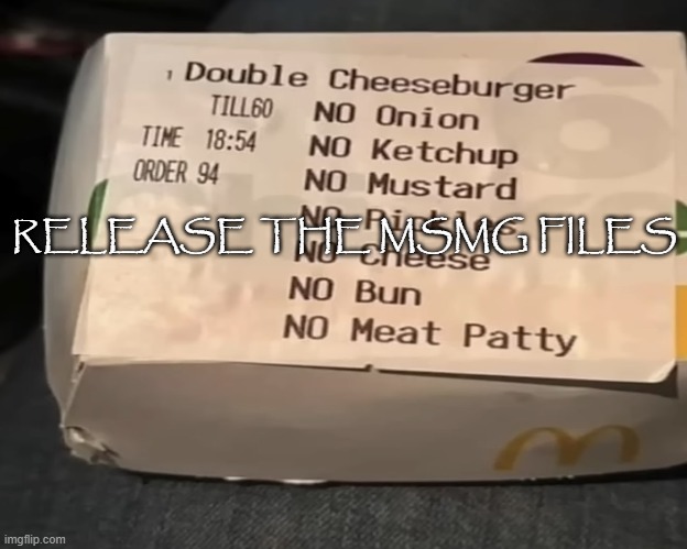 Double Cheeseburger | RELEASE THE MSMG FILES | image tagged in double cheeseburger | made w/ Imgflip meme maker