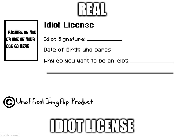 licence | REAL; IDIOT LICENSE | image tagged in you are an idiot | made w/ Imgflip meme maker
