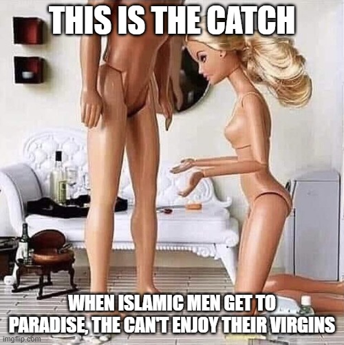 Islamic men | THIS IS THE CATCH; WHEN ISLAMIC MEN GET TO PARADISE, THE CAN'T ENJOY THEIR VIRGINS | image tagged in barbie and ken | made w/ Imgflip meme maker