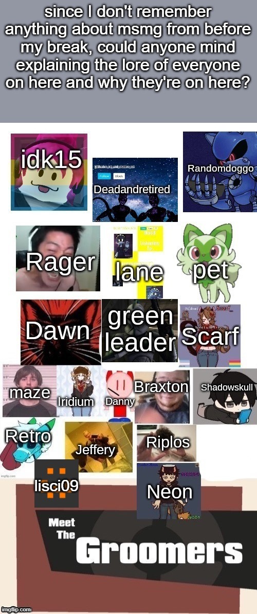 Meet the groomers (Updated March 2025) | since I don't remember anything about msmg from before my break, could anyone mind explaining the lore of everyone on here and why they're on here? | image tagged in meet the groomers updated march 2025 | made w/ Imgflip meme maker