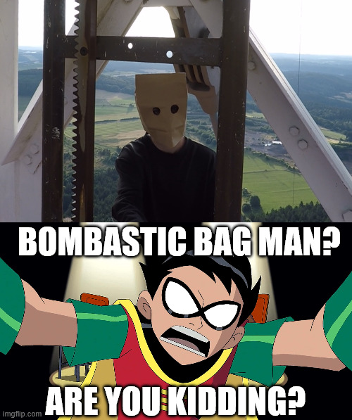 Bombastic Bag Man | BOMBASTIC BAG MAN? ARE YOU KIDDING? | image tagged in teen titans,robin,climbing memes,lattice climbing,spider man,comics | made w/ Imgflip meme maker