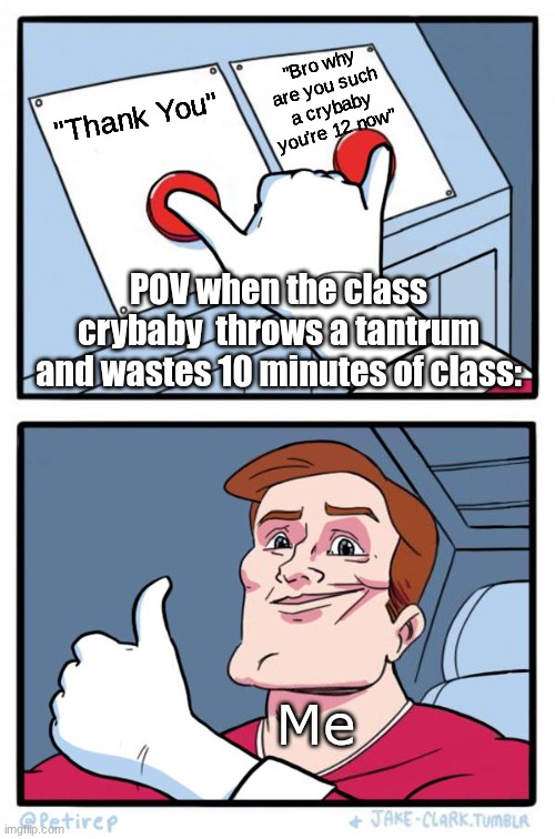 The School Crybaby | "Bro why are you such a crybaby you're 12 now"; "Thank You"; POV when the class crybaby  throws a tantrum and wastes 10 minutes of class:; Me | image tagged in both buttons pressed | made w/ Imgflip meme maker