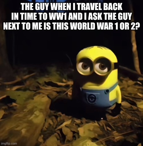 Aww man | THE GUY WHEN I TRAVEL BACK IN TIME TO WW1 AND I ASK THE GUY NEXT TO ME IS THIS WORLD WAR 1 OR 2? | image tagged in minion in dark forest,war on drugs,shit | made w/ Imgflip meme maker