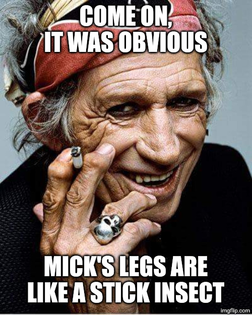 Keith Richards cigarette | COME ON, IT WAS OBVIOUS MICK'S LEGS ARE LIKE A STICK INSECT | image tagged in keith richards cigarette | made w/ Imgflip meme maker