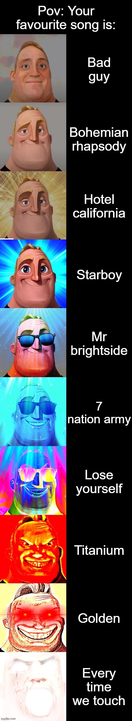 mr incredible becoming canny | Pov: Your favourite song is:; Bad guy; Bohemian rhapsody; Hotel california; Starboy; Mr brightside; 7 nation army; Lose yourself; Titanium; Golden; Every time we touch | image tagged in mr incredible becoming canny,brilliant | made w/ Imgflip meme maker