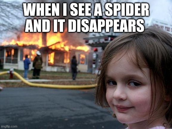 true | WHEN I SEE A SPIDER AND IT DISAPPEARS | image tagged in memes,disaster girl | made w/ Imgflip meme maker