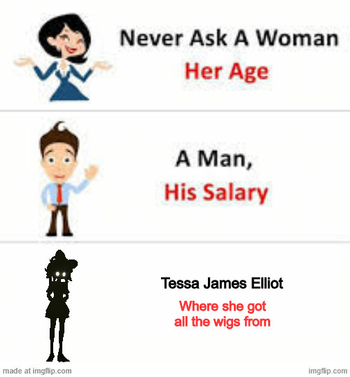 "And where is she getting the hair to play dress-up with them? It's creepy!" - James Elliot | image tagged in never ask a woman her age,murder drones | made w/ Imgflip meme maker