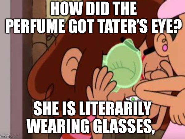 Cartoon Logic In Primos | HOW DID THE PERFUME GOT TATER’S EYE? SHE IS LITERARILY WEARING GLASSES, | image tagged in cartoons | made w/ Imgflip meme maker