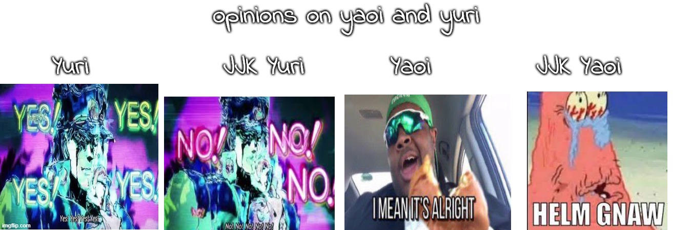 i forgot to post ts | opinions on yaoi and yuri; Yuri              JJK Yuri         Yaoi           JJK Yaoi | made w/ Imgflip meme maker