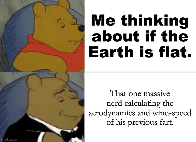 Tuxedo Winnie The Pooh Meme | Me thinking about if the Earth is flat. That one massive nerd calculating the aerodynamics and wind-speed of his previous fart. | image tagged in memes,tuxedo winnie the pooh | made w/ Imgflip meme maker
