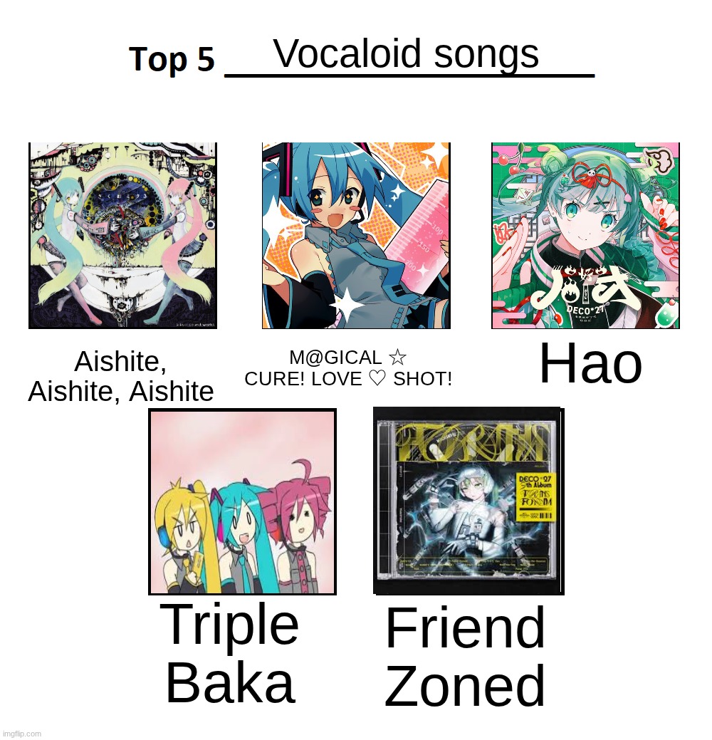 top 5 | Vocaloid songs; M@GICAL ☆ CURE! LOVE ♡ SHOT! Hao; Aishite, Aishite, Aishite; Triple Baka; Friend Zoned | image tagged in top 5 | made w/ Imgflip meme maker