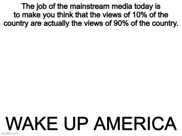 Exactly. | The job of the mainstream media today is to make you think that the views of 10% of the country are actually the views of 90% of the country. WAKE UP AMERICA | image tagged in memes,funny,media,politics,political meme | made w/ Imgflip meme maker