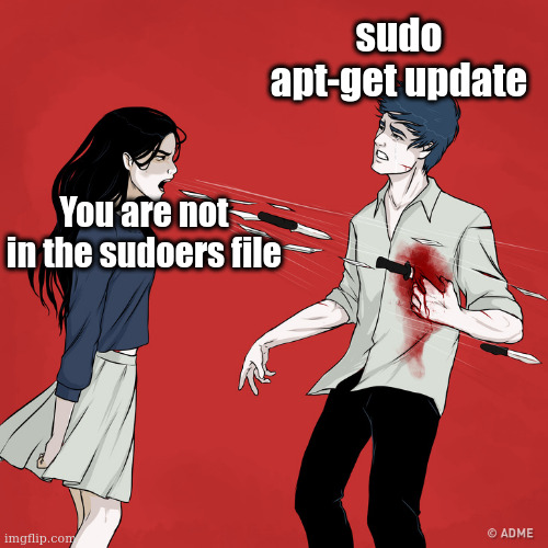 Woman Shouting Knives | sudo apt-get update; You are not in the sudoers file | image tagged in woman shouting knives,linux | made w/ Imgflip meme maker