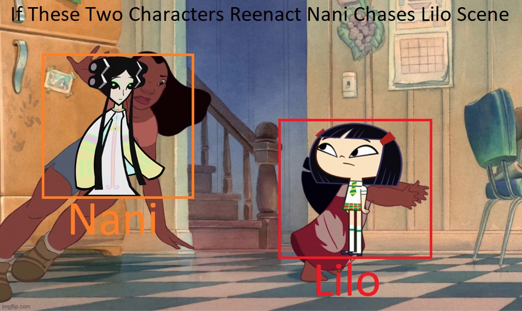 Rattle Diva and Kitty Ko Reenact Nani Chases Lilo | image tagged in if these two characters reenact nani chases lilo,lilo and stitch,hero 108,sidekick,kitty ko,rattle diva | made w/ Imgflip meme maker