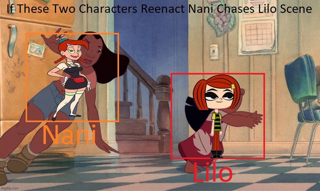 Aunt Grandma and Laney Penn Reenact Nani Chases Lilo | image tagged in if these two characters reenact nani chases lilo,lilo and stitch,grojband,laney penn,aunt grandma,uncle grandpa | made w/ Imgflip meme maker